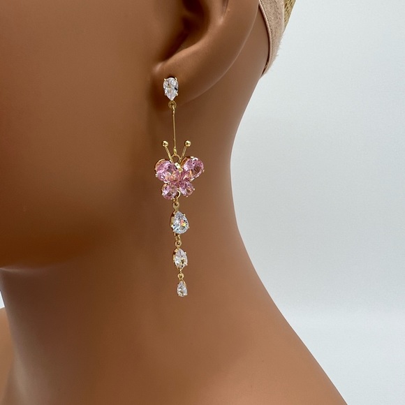 Pink and Clear Zircon Butterfly Zircon Earrings - Picture 3 of 4